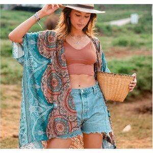 lotus and luna Women's Orange & Teal Floral The Canggu Kimono One Size